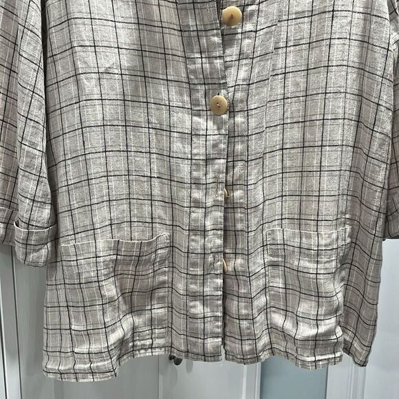 FLAX Beige and Black Plaid Check Linen Summer Jacket, Size M - Picture 3 of 10